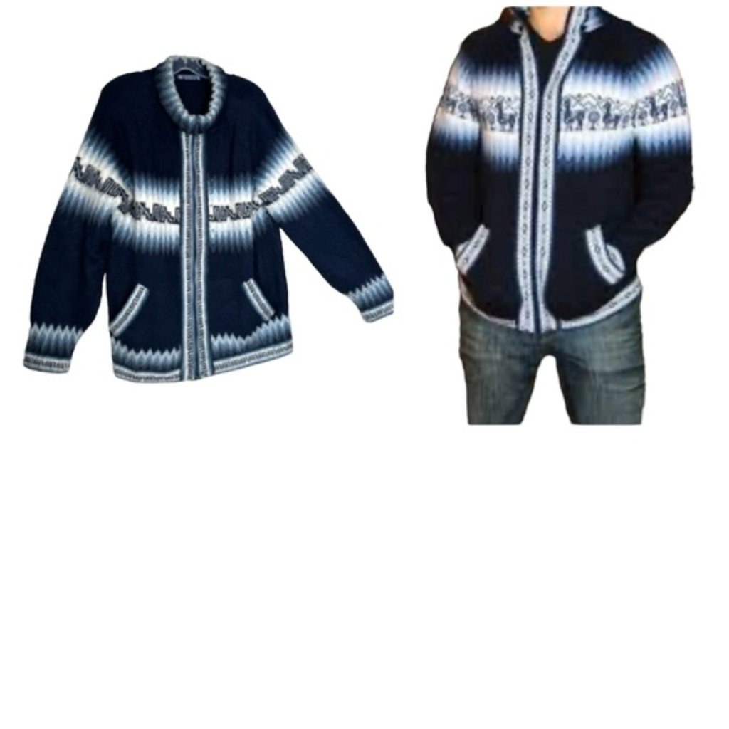 Yusutex Peru Alpaca Wool Artisan Zip Cardigan Sweater Jacket Soft Warm Blue L